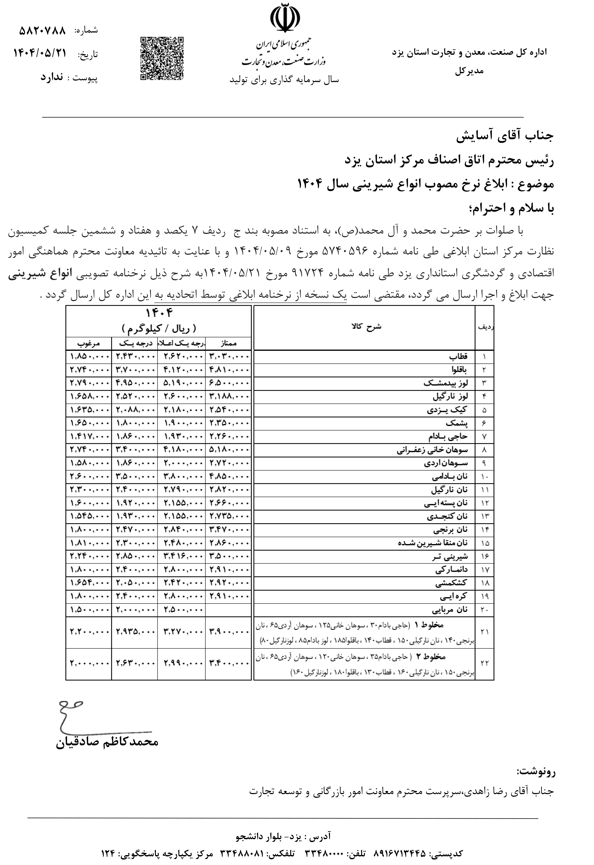 نرخ نامه شیرینی شکلات استان یزد